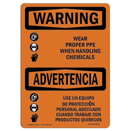 Signmission OSHA WARNING Sign, Wear PPE Handling Chemical Bilingual, 5in X 3.5in Decal, 5" W, 3.5" H, Landscape OS-WS-D-35-L-12928